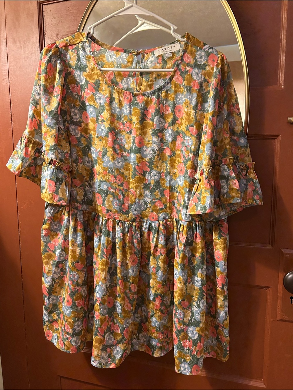 Hayden Floral Peplum Blouse in Mustard, Coral & Light Blue